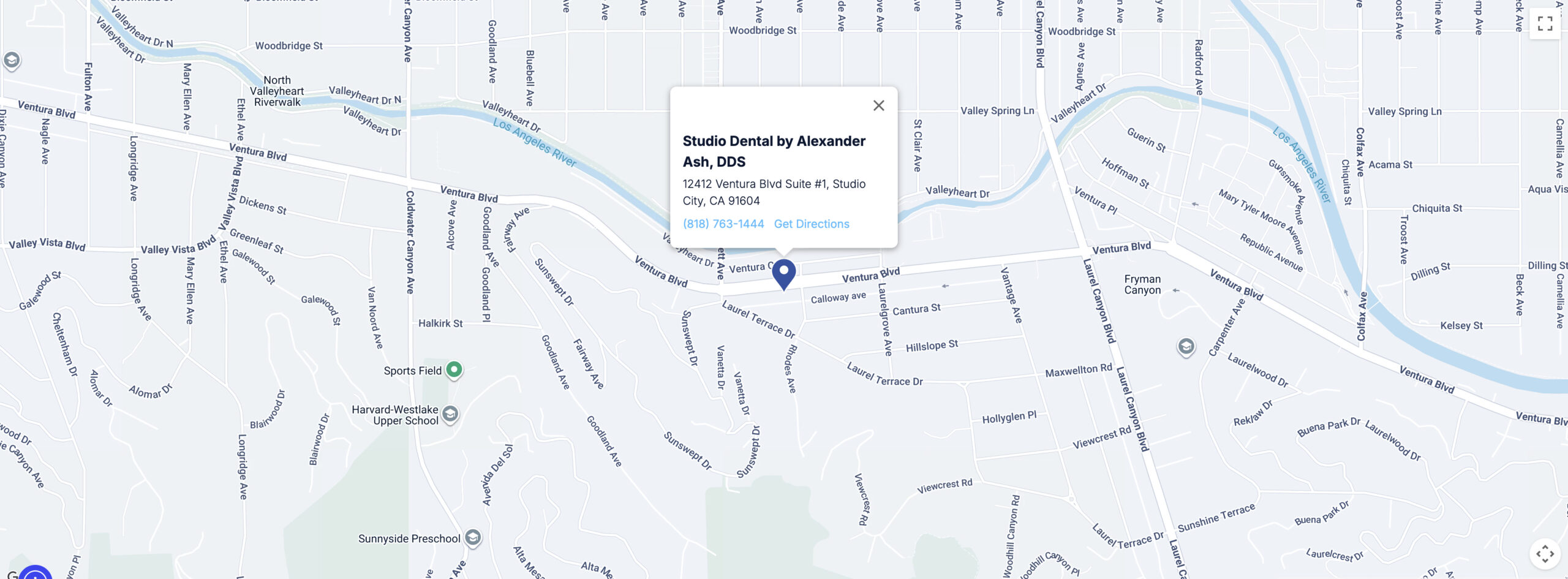 Map showing Studio Dental by Alexander Ash, DDS at 12412 Ventura Blvd Suite #1, Studio City, CA 91604